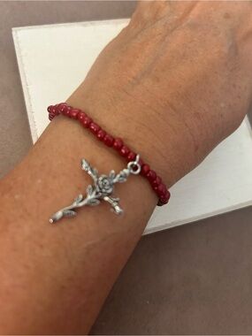 Red Beaded Bracelet Silver Rose Cross Charm/ Belle